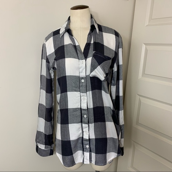 𝅺Pentagone Plaid Shirt Sz XS Black White Long Sleeve Button up Checkered Top - Picture 5 of 11